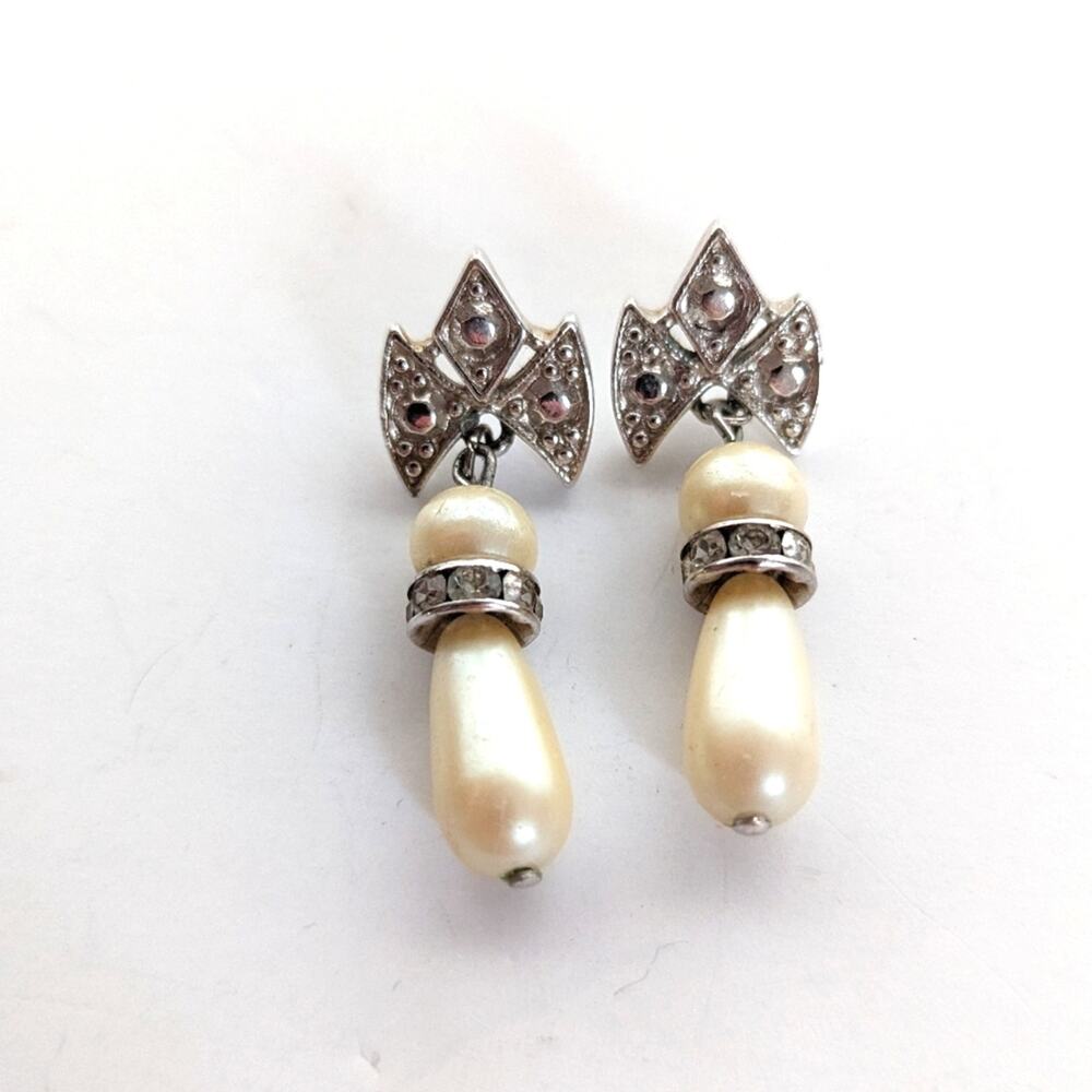 Vintage Estate Silver Tone Brutalist Faux Pearl Dangly Post Stud Earrings